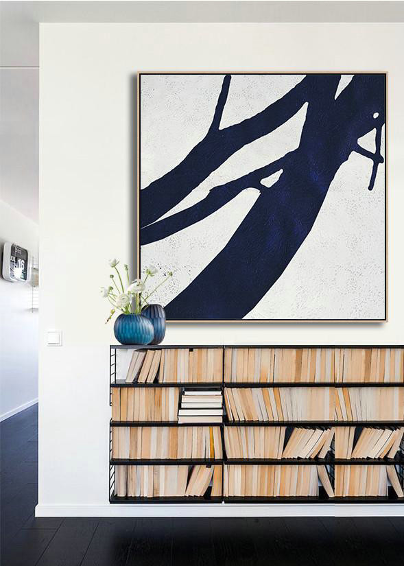 Hand Made Original Art,Hand Painted Navy Minimalist Painting On Canvas,Wall Art Painting